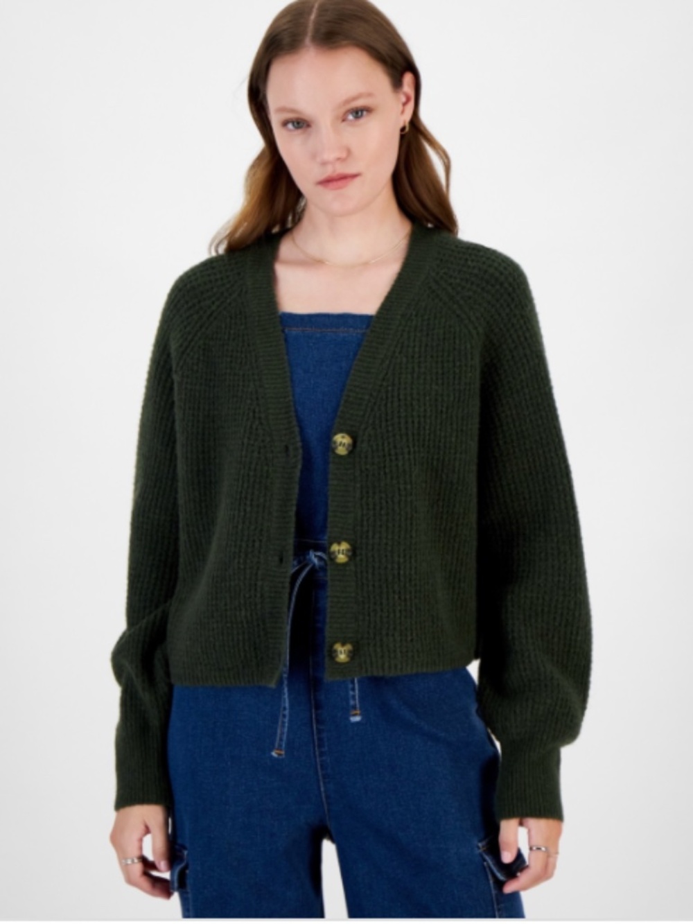 Hippie Rose Juniors' V-Neck Button Front Cropped Cardigan - Camo Green SIZE M NW